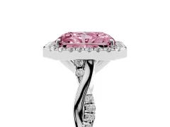 Fancy Pink Radiant Cut Diamond Halo Twist Band Solitaire Ring Set in Silver with Prong Setting
