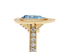 Fancy Blue Pear Cut Diamond Halo Milgrain Pavé Band Ring Set in Yellow gold with Prong Setting