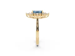 Fancy Blue Emerald Cut Diamond Cluster Halo Ring Set in Yellow gold with Marquise and Round Accents
