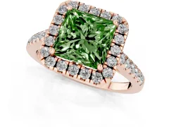 Fancy Green Princess Cut Diamond Pavé Halo Engagement Ring Set in Rose gold with Pavé Band and Prong Setting