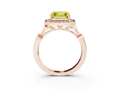 Fancy Yellow Asscher Cut Diamond Halo Engagement Ring Set in Rose gold with Twisted Band and Prong Setting