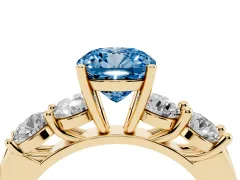 Fancy Blue Cushion Cut Diamond Five-Stone Prong Set Ring Set in Yellow gold with Classic Band