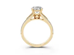Round Cut Diamond Split Shank Pavé Engagement Ring Set in Yellow gold with Prong-Set Center Stone