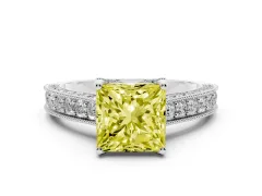 Fancy Yellow Princess Cut Diamond Solitaire Ring Set in Platinum with Milgrain-Edged Pavé Band and Prong Setting