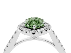Fancy Green Marquise Cut Diamond Pavé Halo Engagement Ring Set in White gold with Pavé Band and Prong Setting