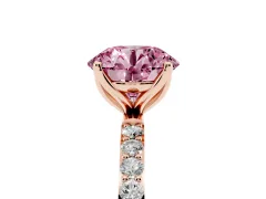Fancy Pink Round Cut Diamond Solitaire Engagement Ring Set in Rose gold with Round Pavé Band and Prong Setting