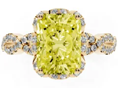 Fancy Yellow Radiant Cut Diamond Halo Twist Band Solitaire Ring Set in Yellow gold with Prong-Set Center Stone