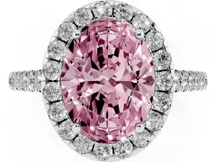 Fancy Pink Oval Cut Diamond Halo Pavé Engagement Ring Set in Platinum with Prong Setting