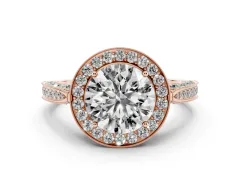 Round Cut Diamond Halo Engagement Ring Set in Rose gold with Accent Split Shank Band