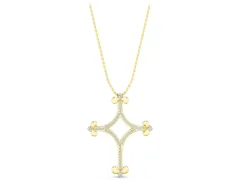 Pavé Diamond Cushion Cross Pendant Set in Yellow gold with Fleur-de-Lis Prongs