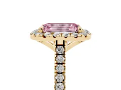 Fancy Pink Emerald Cut Diamond Cushion Halo Ring Set in Yellow gold with Pavé Band