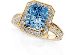 Fancy Blue Radiant Cut Diamond Halo Engagement Ring Set in Yellow gold with Accent Split Shank Band