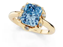 Fancy Blue Radiant Cut Diamond Round Cluster Halo Ring Set in Yellow gold with Solitaire Band and Prong Setting
