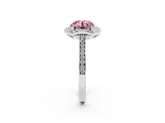 Fancy Pink Round Cut Diamond Halo Ring Set in White gold with Pavé-Lined Shoulders and Prong Setting