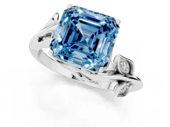 Fancy Blue Asscher Cut Diamond Solitaire Twist Engagement Ring Set in Silver with Pavé Leaf Accents
