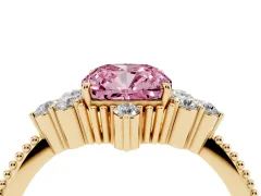 Fancy Pink Cushion Cut Diamond Cluster Ring Set in Yellow gold with Beaded Band