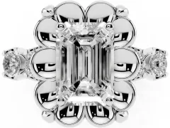 Emerald Cut Diamond Floral Halo Ring Set in Platinum with Shared Prong Band