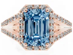 Fancy Blue Emerald Cut Diamond Halo Split Shank Pavé Ring Set in Rose gold with Prong Setting
