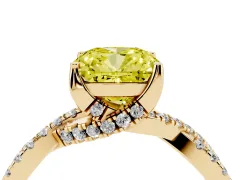 Fancy Yellow Cushion Cut Diamond Twist Pavé Solitaire Engagement Ring Set in Yellow gold with Prong Setting