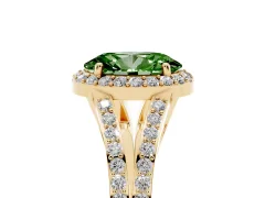 Fancy Green Oval Cut Diamond Halo Split Shank Pavé Ring Set in Yellow gold with Prong Setting