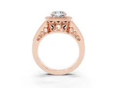 Cushion Cut Diamond Halo Ring Set in Rose gold with Stone-Set Split Shank and Milgrain Edges