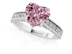 Fancy Pink Heart Cut Diamond Solitaire Ring Set in Platinum with Milgrain-Edged Pavé Band and Prong Setting