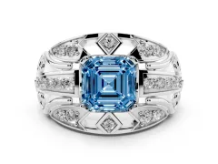 Fancy Blue Asscher Cut Diamond Art Deco Ring Set in Silver with Pavé Split Shank