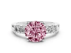 Fancy Pink Round Cut Diamond Five-Stone Prong Set Engagement Ring Set in White gold with Channel Band