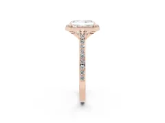 Radiant Cut Diamond Halo Engagement Ring Set in Rose gold with Round Pavé Shoulders and Heart Gallery