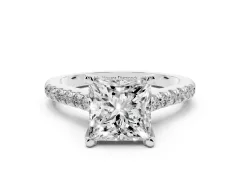 Princess Cut Diamond Solitaire Ring Set in Silver with Brilliant Pavé Band and Prong Setting