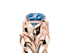 Fancy Blue Cushion Cut Diamond Leaf-Inspired Engagement Ring Set in Rose gold with Round Accents