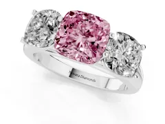 Fancy Pink Cushion Cut Diamond Three-Stone Ring Set in White gold with Plain Polished Band