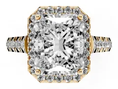 Radiant Cut Diamond Halo Engagement Ring Set in Yellow gold with Pavé Band and Prong-Set Center