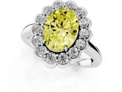 Fancy Yellow Oval Cut Diamond Halo Cluster Engagement Ring Set in Silver with Solitaire Band and Prong Setting