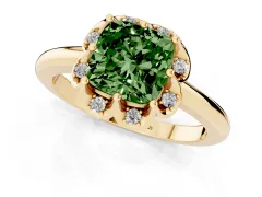 Fancy Green Cushion Cut Diamond Round Cluster Halo Ring Set in Yellow gold with Solitaire Band and Prong Setting