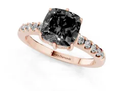 Fancy Black Cushion Cut Diamond Solitaire Engagement Ring Set in Rose gold with Pavé Band and Prong Setting