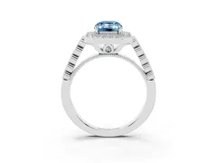 Fancy Blue Emerald Cut Diamond Milgrain Halo Solitaire Ring Set in Silver with Bezel Set Side Stones and Pavé Band