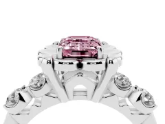 Fancy Pink Emerald Cut Diamond Floral Halo Ring Set in Silver with Shared Prong Band
