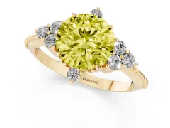 Fancy Yellow Round Cut Diamond Cluster Ring Set in Yellow gold with Beaded Band
