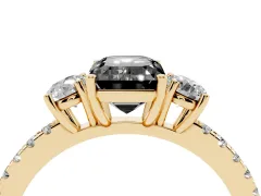 Fancy Black Emerald Cut Diamond Three-Stone Ring Set in Yellow gold with Pavé Band and Graduated Sides