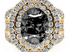 Fancy Black Oval Cut Diamond Double Halo Ring Set in Yellow gold with Round Pavé Split Shank