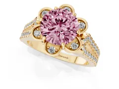 Fancy Pink Round Cut Diamond Floral Halo Split Shank Engagement Ring Set in Yellow gold with Pavé Shank