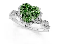 Fancy Green Heart Cut Diamond Halo Twist Band Solitaire Ring Set in Silver with Prong-Set Center Stone