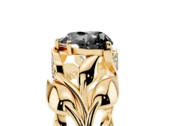 Fancy Black Heart Cut Diamond Leaf-Inspired Engagement Ring Set in Yellow gold with Round Accents
