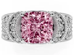 Fancy Pink Cushion Cut Diamond Milgrain Halo Pavé Engagement Ring Set in White gold with Prong Setting