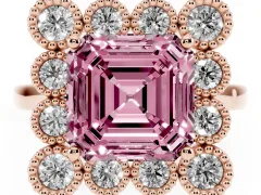 Fancy Pink Asscher Cut Diamond Cluster Halo Ring Set in Rose gold with Milgrain Bezel Accents and Plain Band