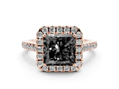 Fancy Black Princess Cut Diamond Halo Pavé Engagement Ring Set in Rose gold with Prong Setting