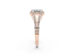 Emerald Cut Diamond Halo Split Shank Pavé Ring Set in Rose gold with Prong Setting