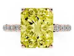 Fancy Yellow Radiant Cut Diamond Solitaire Engagement Ring Set in Rose gold with Round Pavé Band and Prong Setting