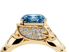 Fancy Blue Asscher Cut Diamond Leaf-Inspired Engagement Ring Set in Yellow gold with Round Accents